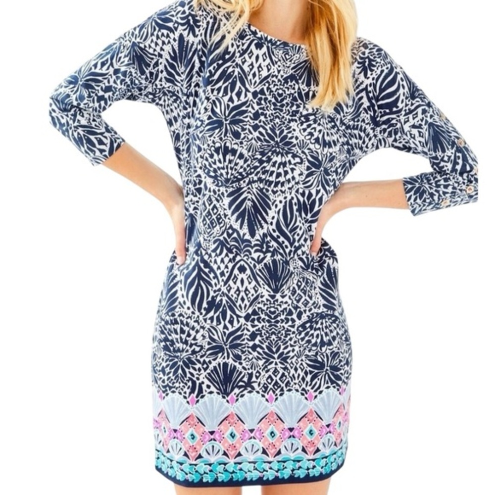 Lilly Pulitzer Vivvy Navy Tropical Print Cotton Shift Dress Cruise Style M